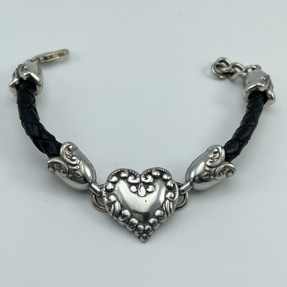 Vintage Retired Brighton Silver Tone Heart Braided Black Cord Love Bracelet - Picture 1 of 5